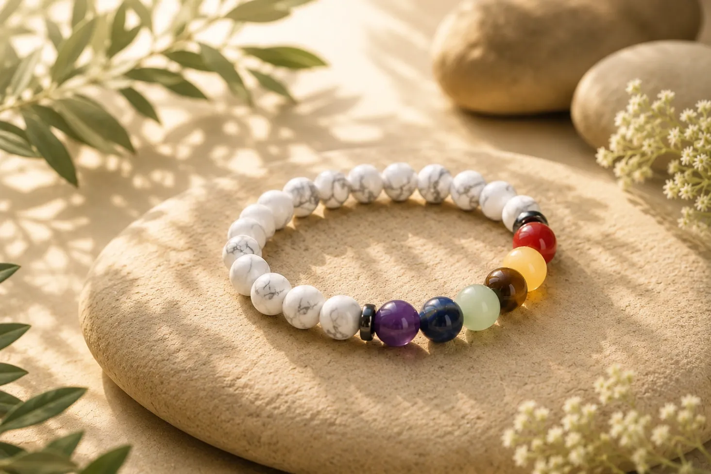 7 Chakras + Howlite blanche - Bracelet boule 8 mm