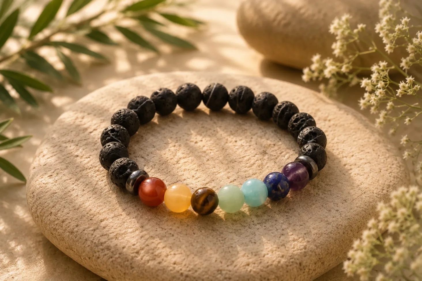 7 Chakras + Pierre de lave - Bracelet boule 8 mm
